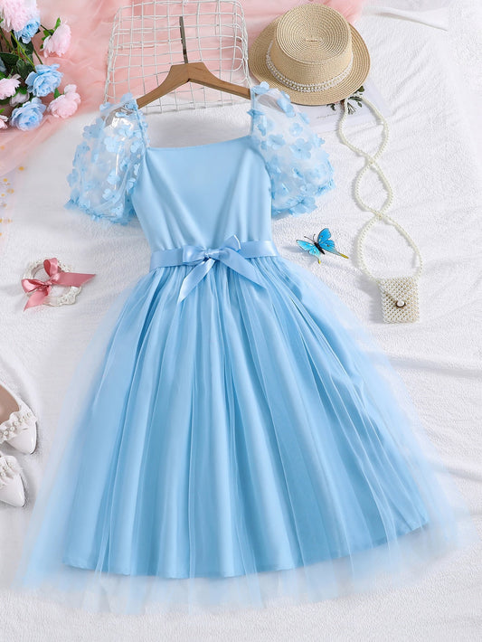 SHEIN Teen Girls Floral Appliques Contrast Mesh Puff Sleeve Dress