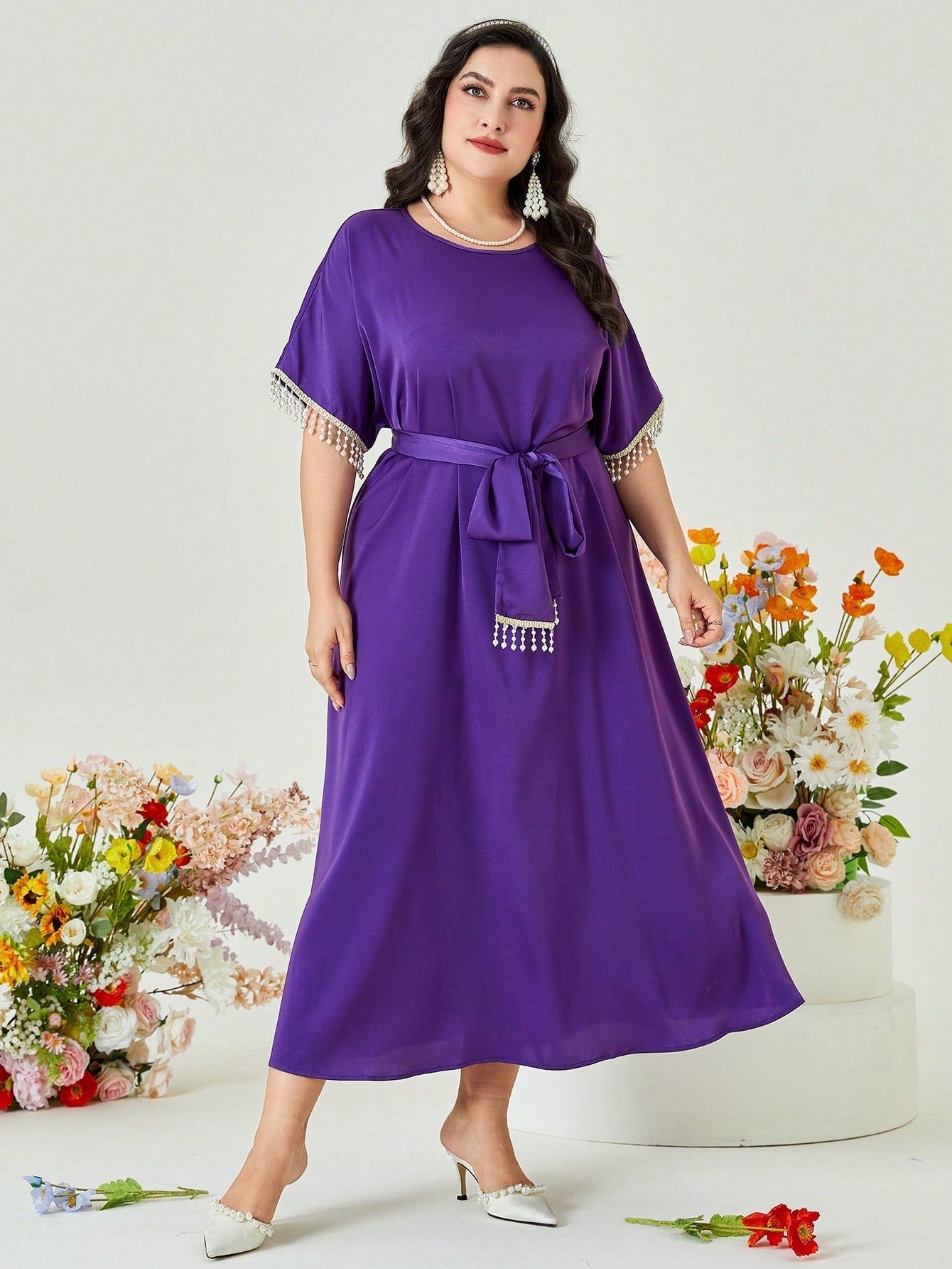 SHEIN Najma plus Contrast Fringe Trim Belted Dress