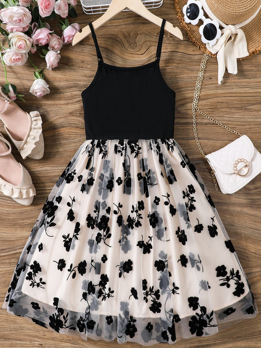 SHEIN Kids EVRYDAY Tween Girl Floral Print Mesh Overlay Cami Dress
