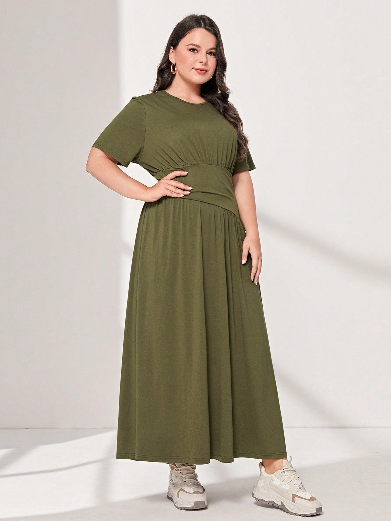 SHEIN Mulvari plus Cotton Solid Ruched Waist Dress