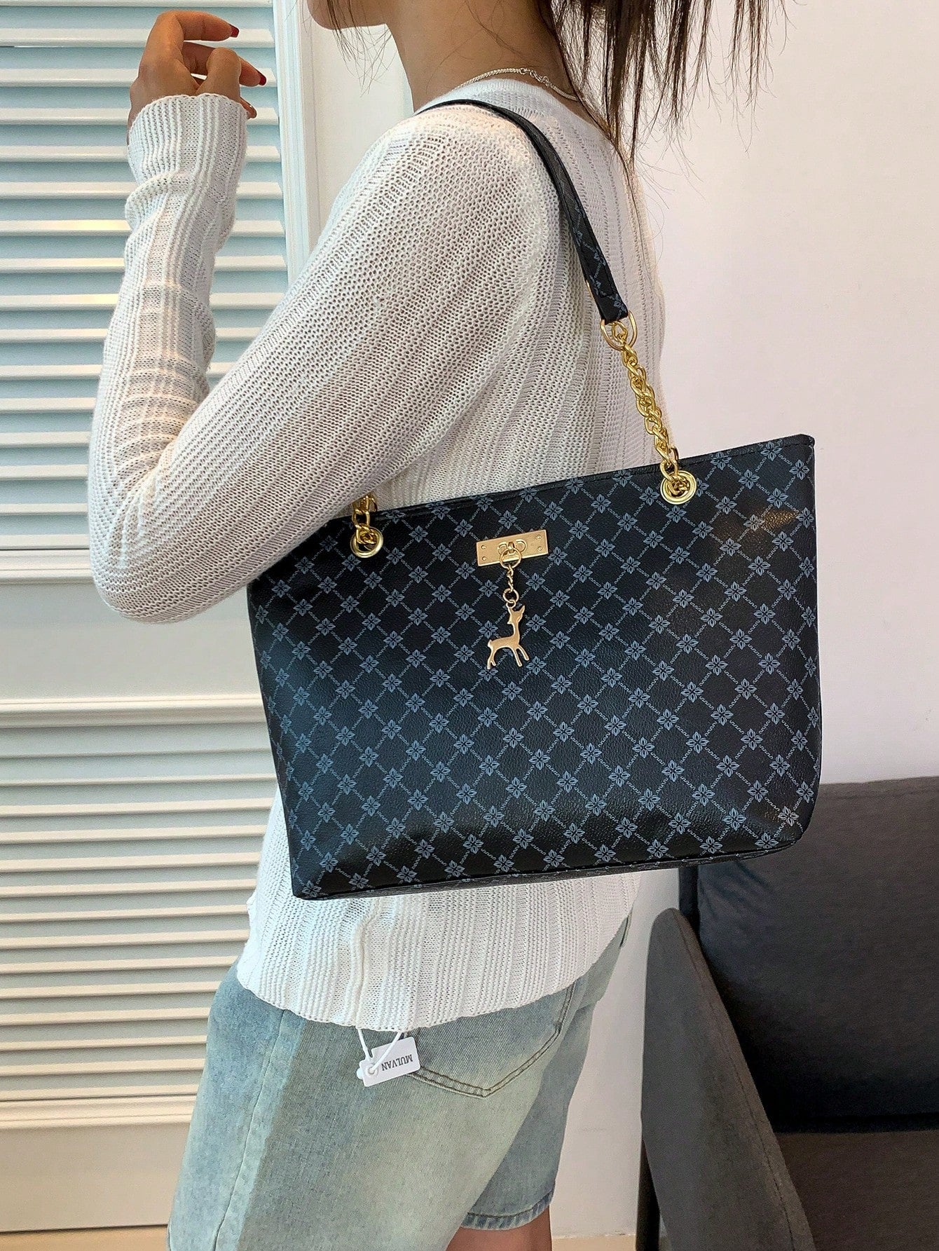 Large Capacity Casual & Fashionable Tote Bag with Allover Deer Print and Elegant Design for Students & Academia