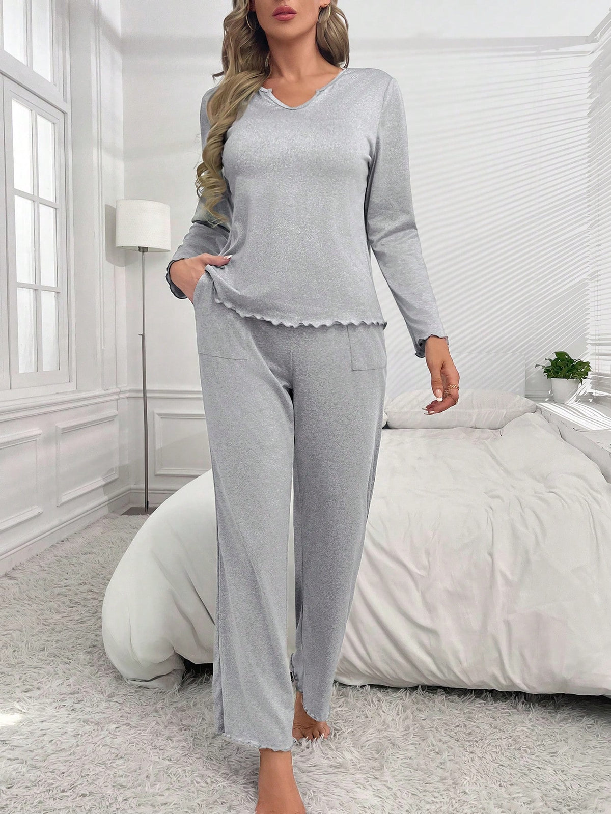 Notched Neck Lettuce Trim Tee & Pants Lounge Set
