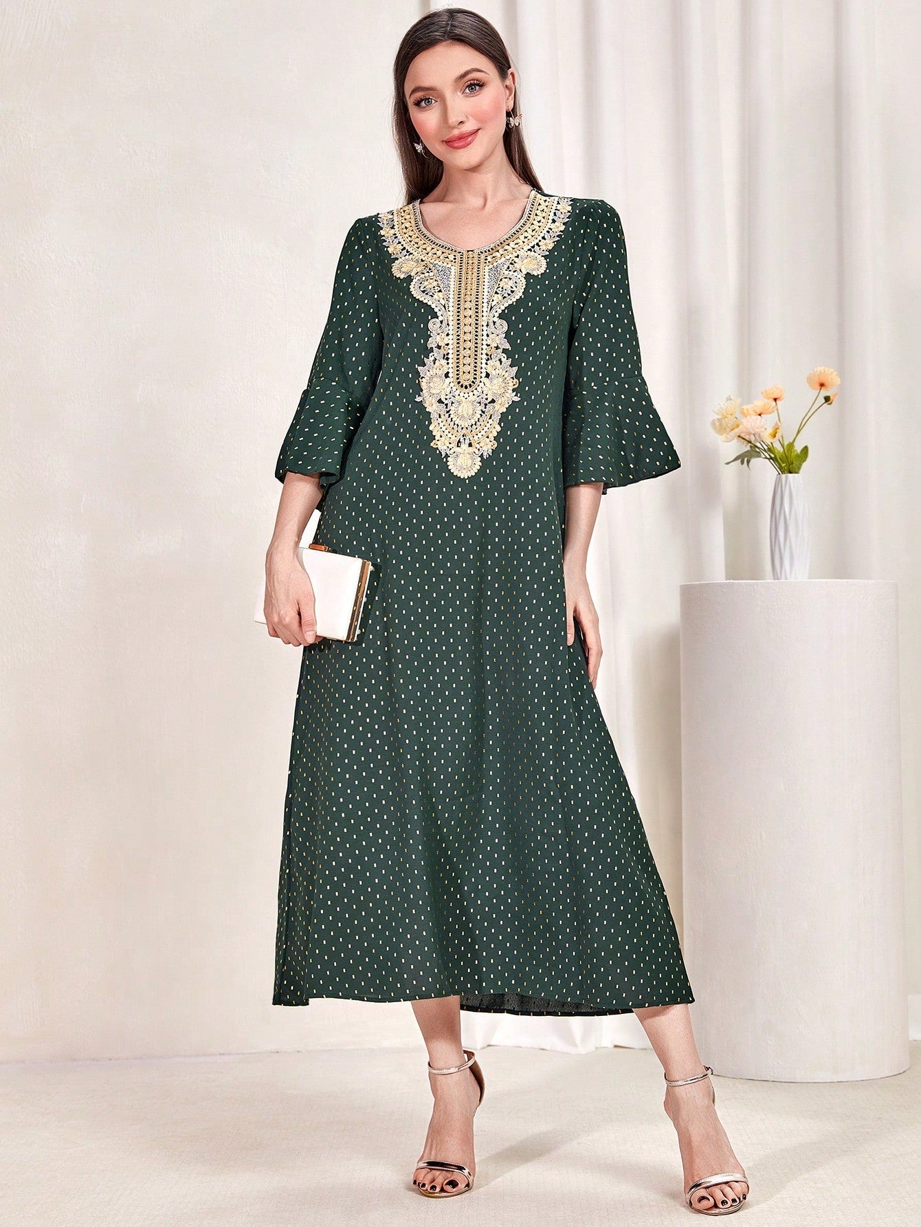 SHEIN Najma Appliques Flare Sleeve Dress