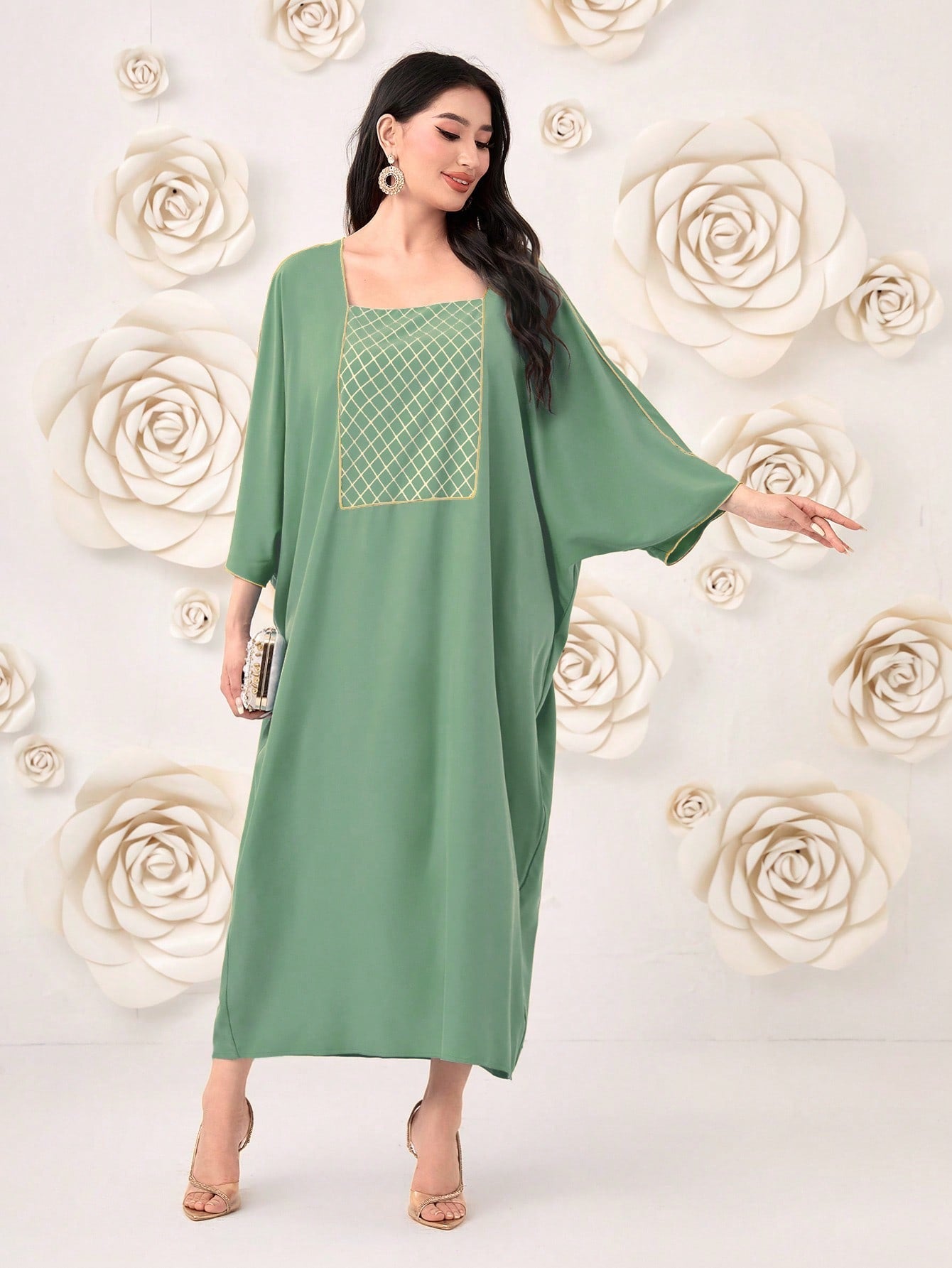 SHEIN Najma Plaid Print Batwing Sleeve Kaftan