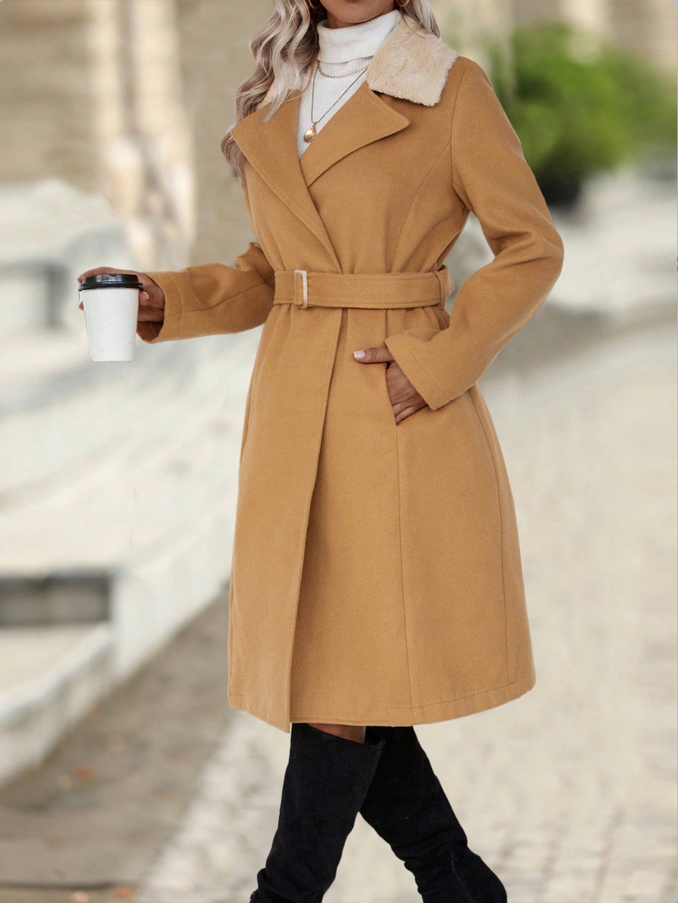 Borg Collar Belted Overcoat