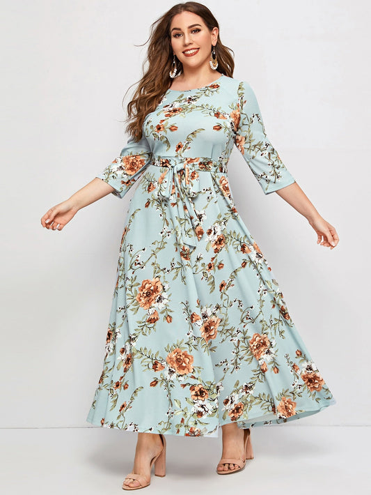 SHEIN Clasi plus Floral Print Self Belted Dress