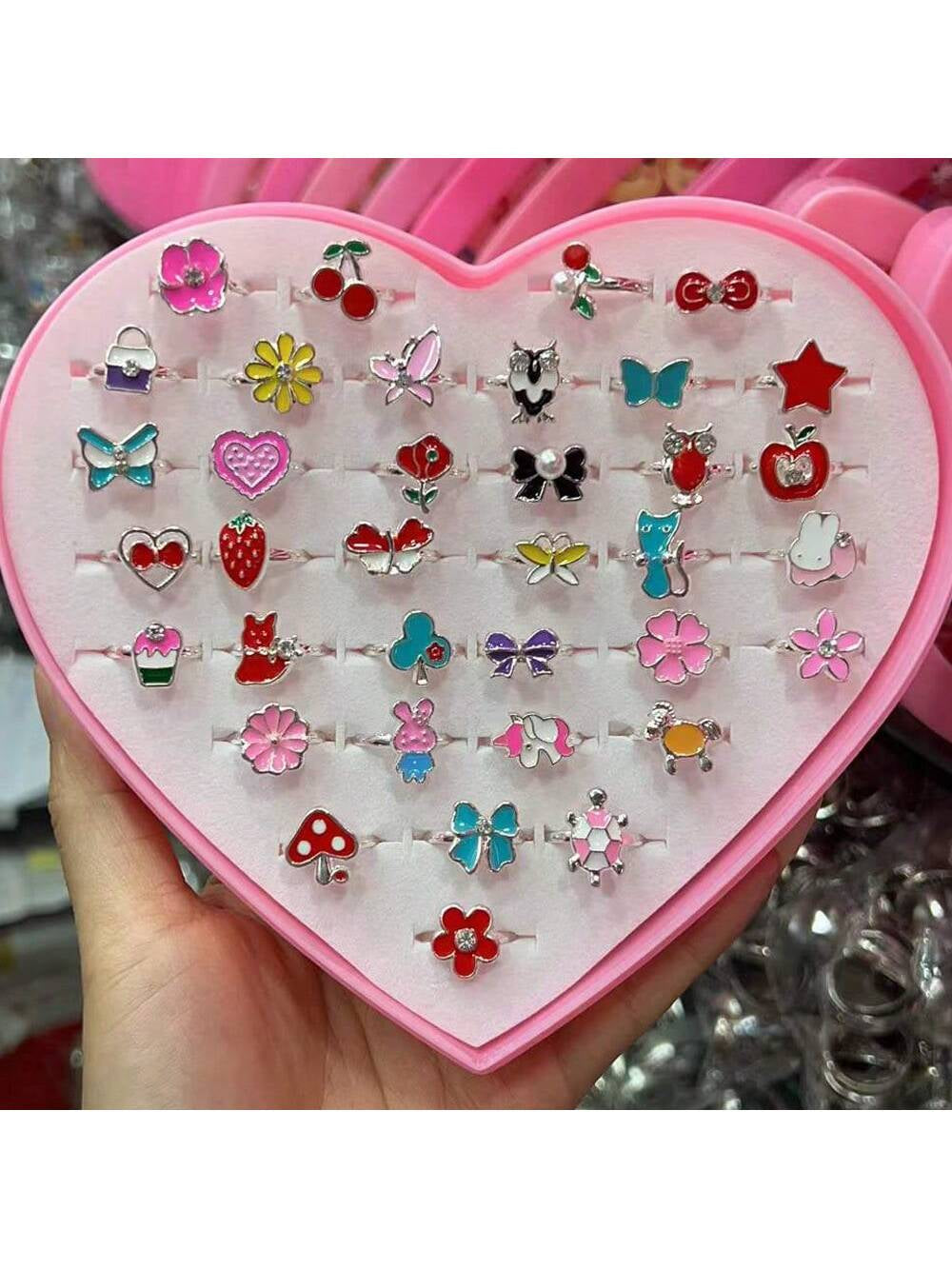 5Pcs/Pack Kids' Adjustable Ring with Oil Drop & Lovely Bowknot for Girl, White Plated (Without Box)