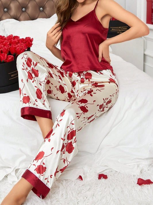 Women'S Floral Print Spaghetti Strap Tank Top and Long Pants Pyjama Set