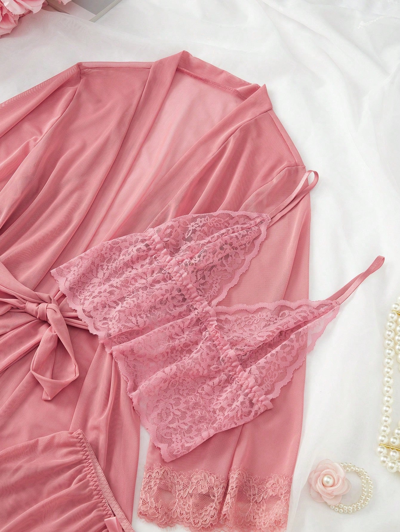 Contrast Lace Cami Top & Shorts & Robe PJ Set