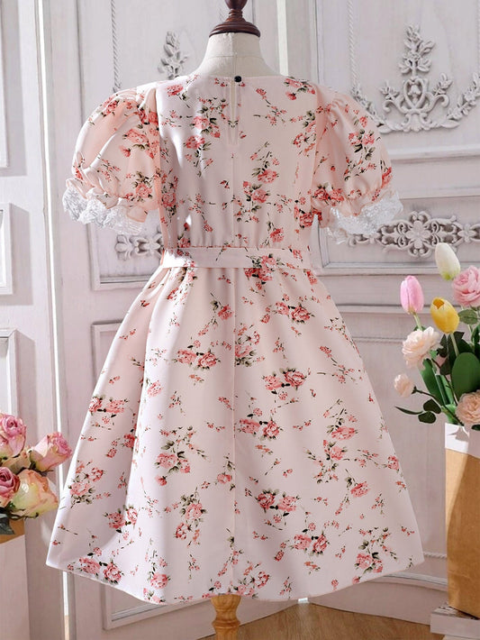 SHEIN Kids CHARMNG Girls Floral Print Contrast Lace Puff Sleeve Belted Dress