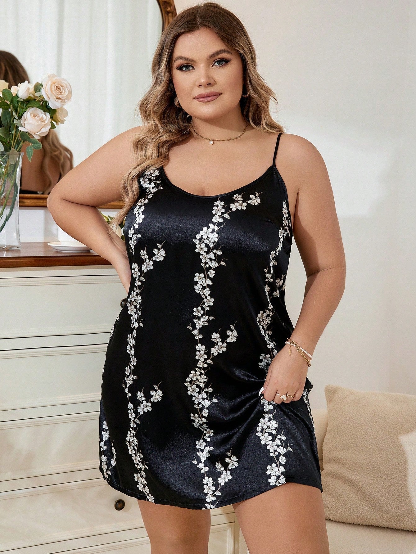 Plus Floral Print Satin Cami Nightdress