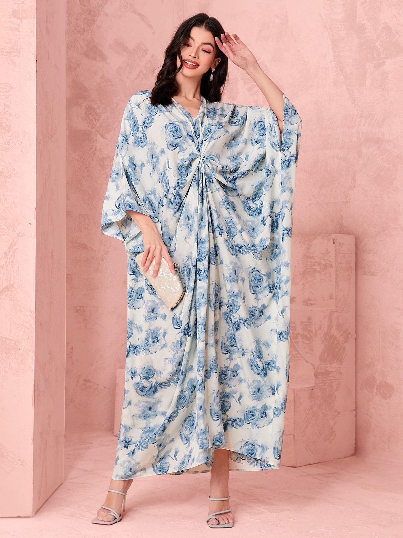 SHEIN Najma Allover Floral Print Batwing Sleeve Ruched Front Kaftan