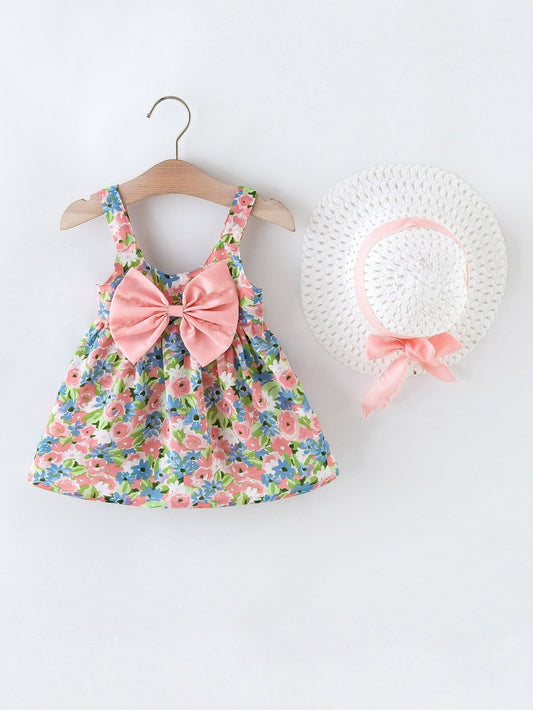 Baby Floral Print Bow Front Cami Dress with Hat