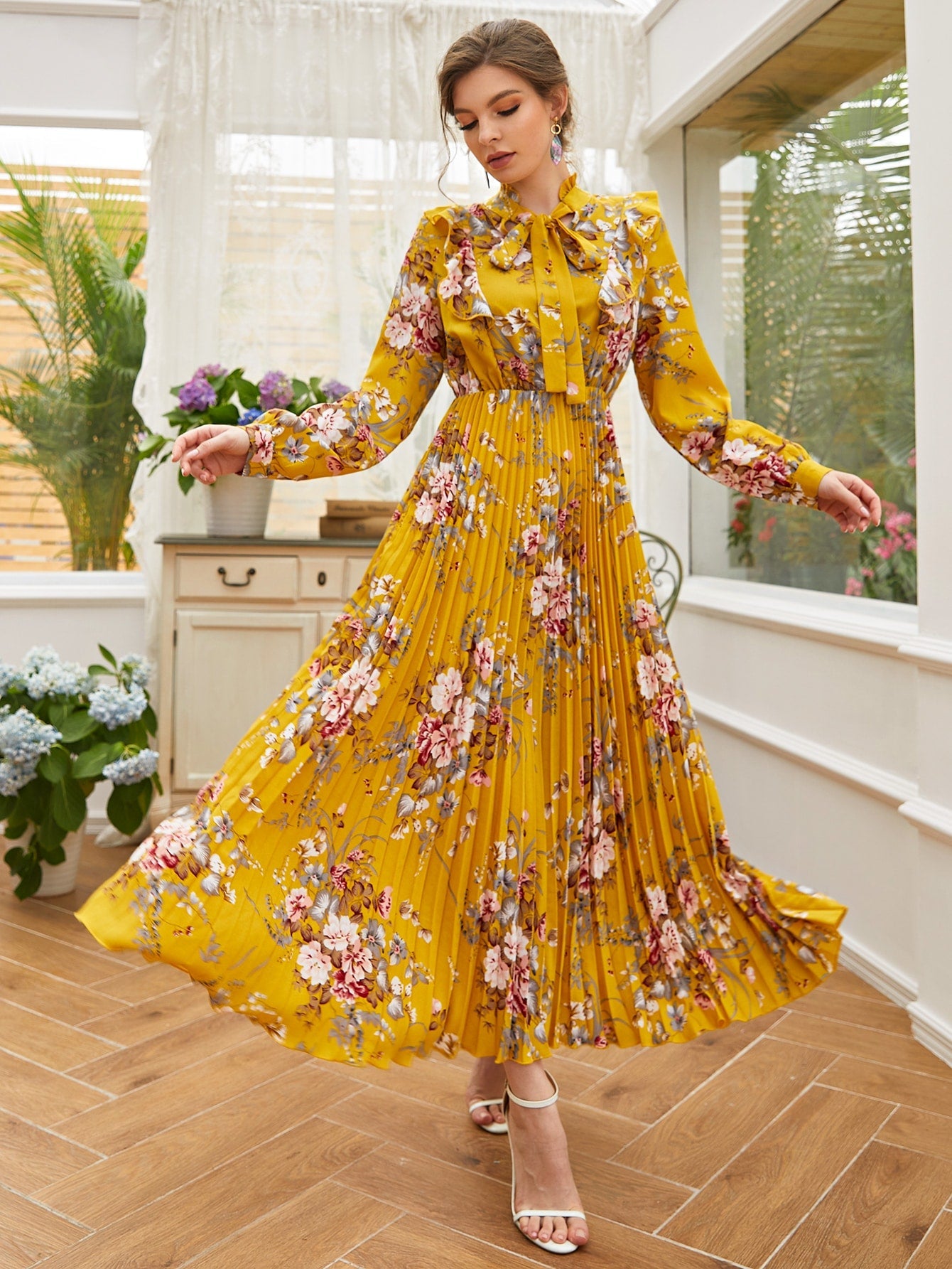 SHEIN Mulvari Tie Neck Allover Floral A-Line Dress
