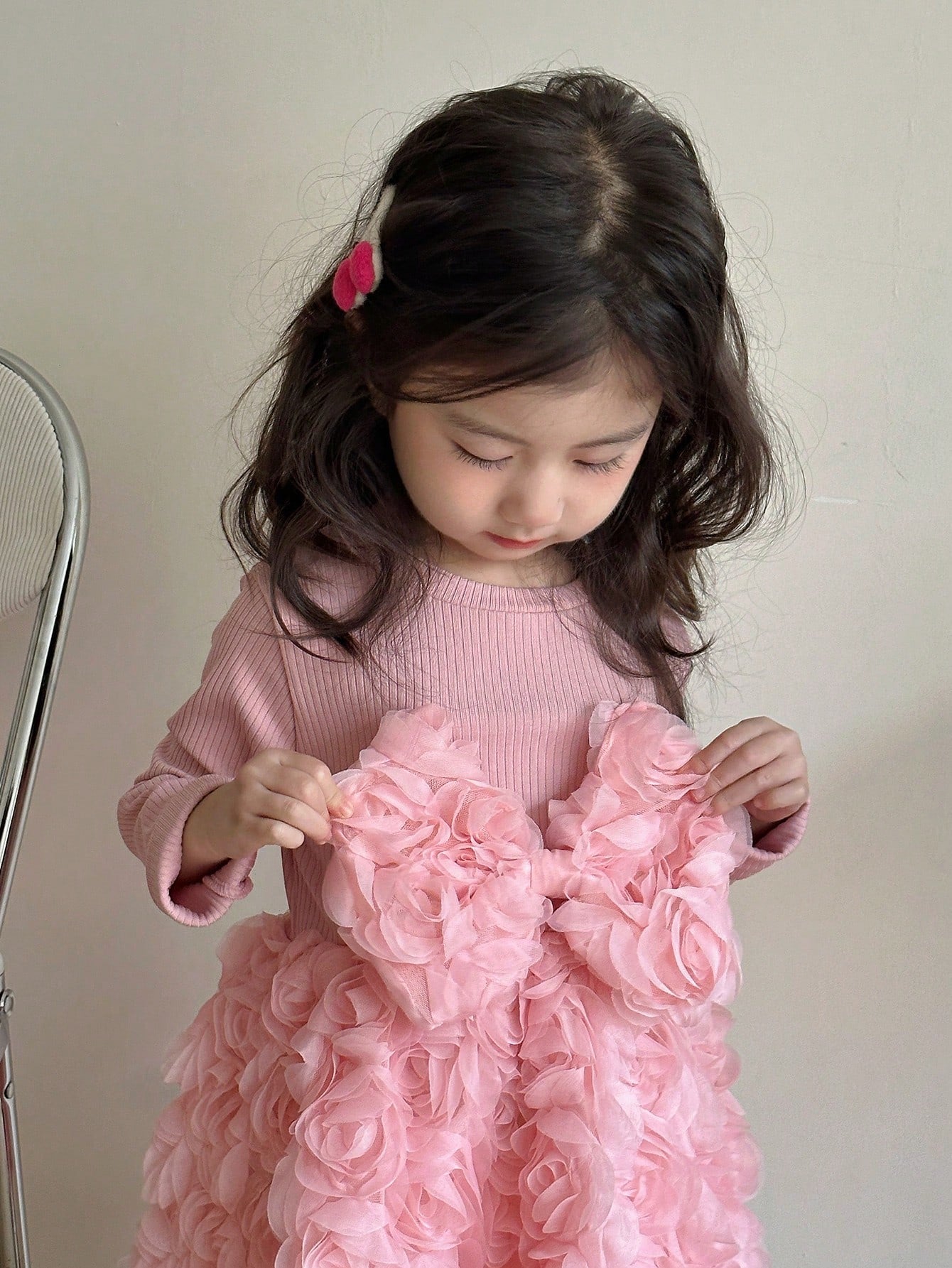 Young Girl'S Long Sleeve Dress with 3D Flower Detail