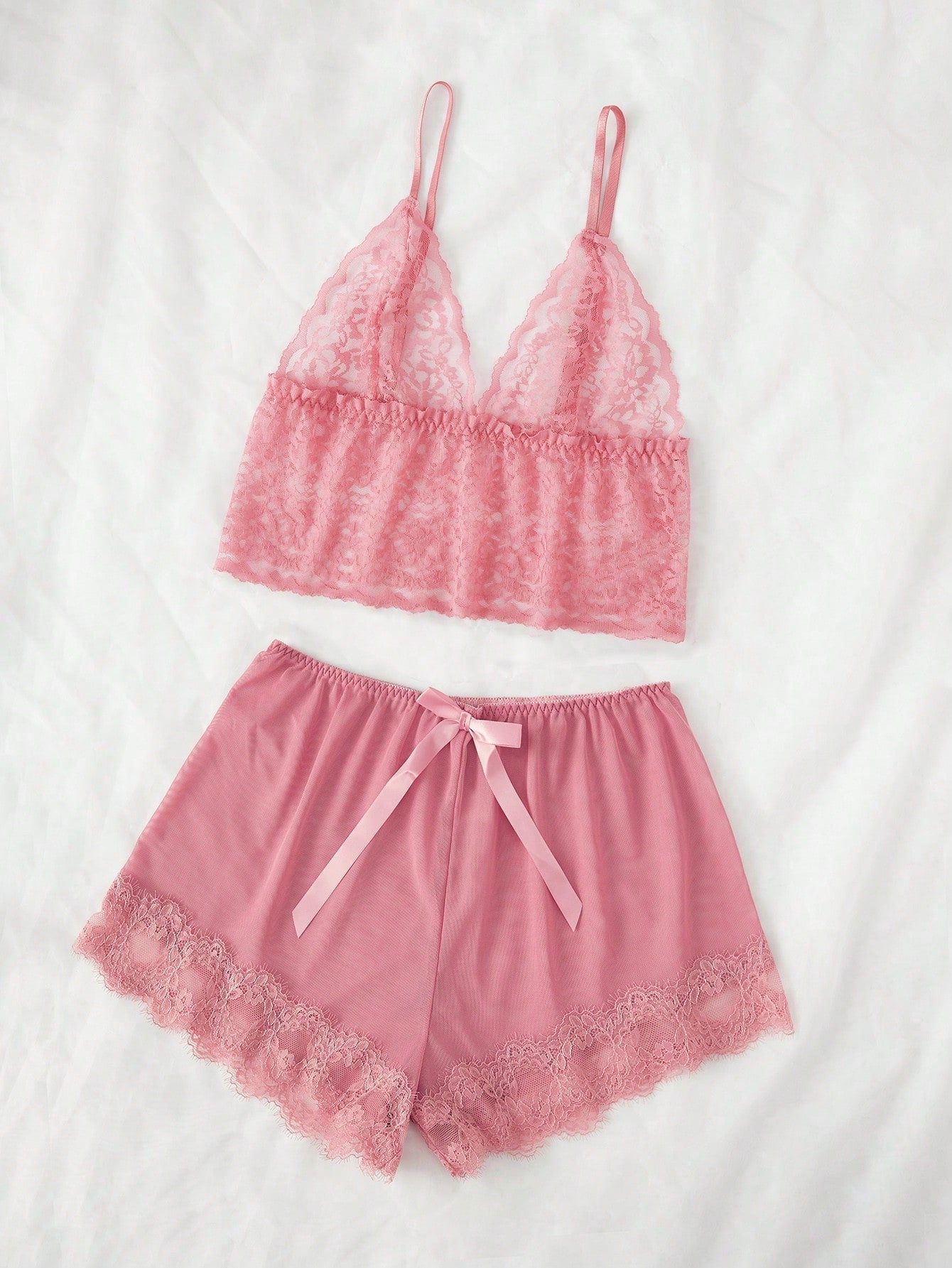 Contrast Lace Cami Top & Shorts & Robe PJ Set