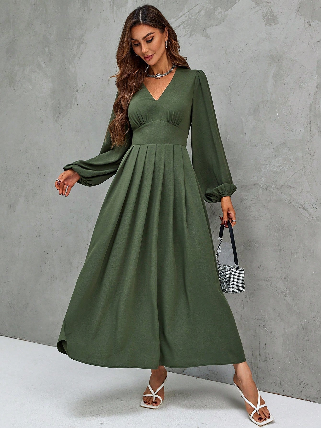 Solid V Neck Lantern Sleeve A-Line Dress