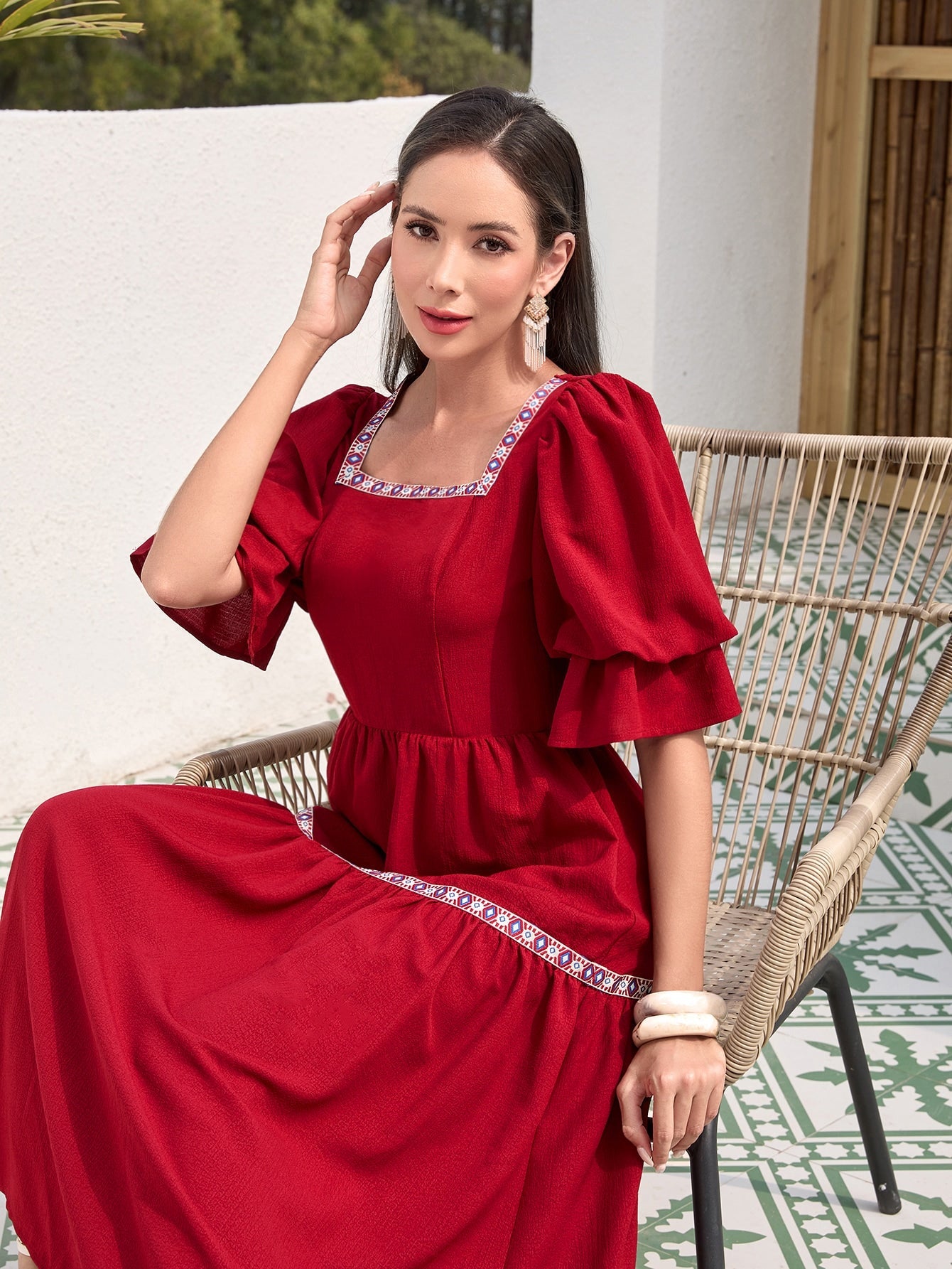 SHEIN Mulvari Square Neck Flounce Sleeve Ruffle Hem Dress