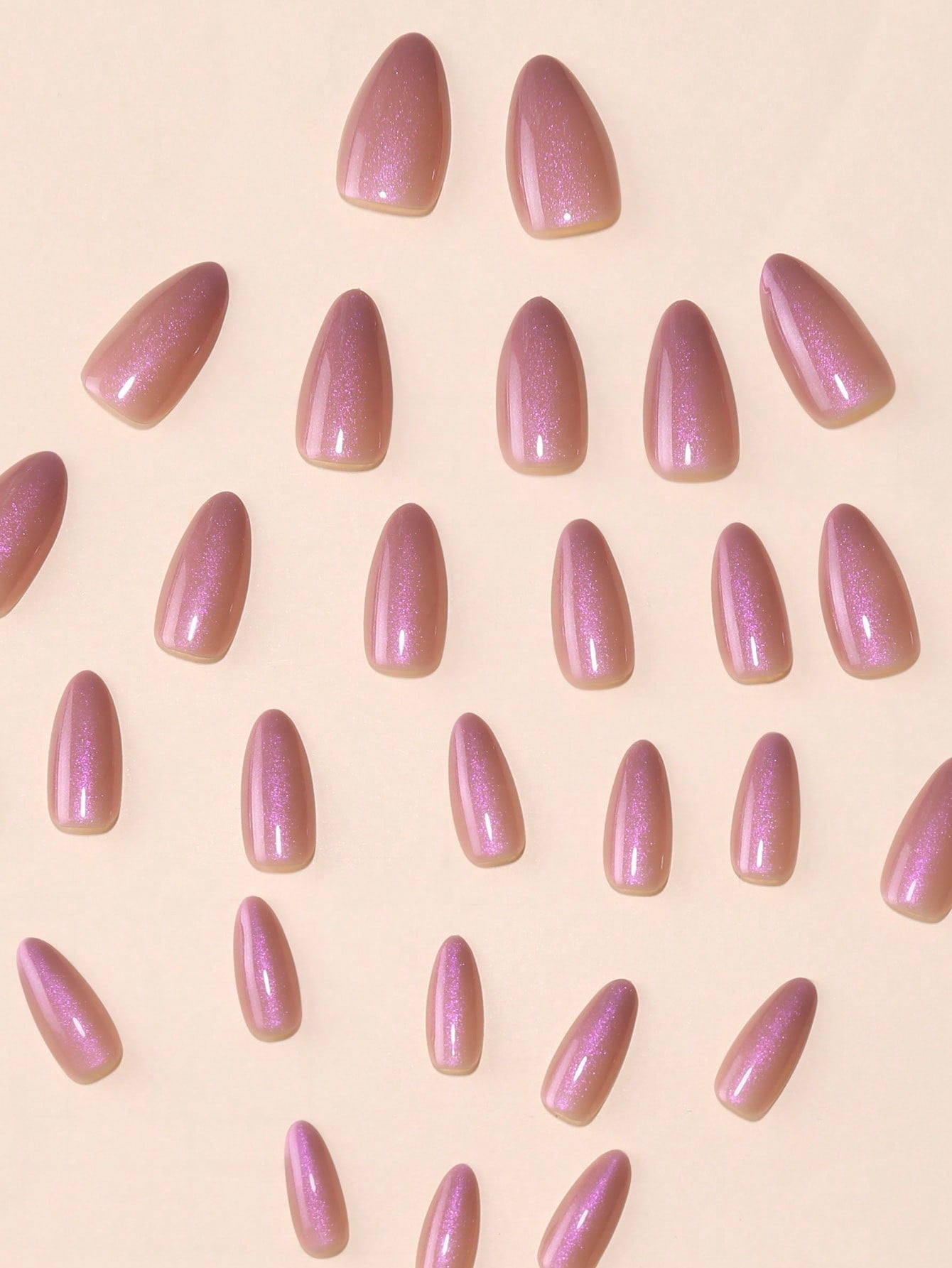 30Pcs Sweet Style Long Pointed Purple Laser Sequins False Nails with 1Pc Nail File and 1Pc Jelly Glue Included