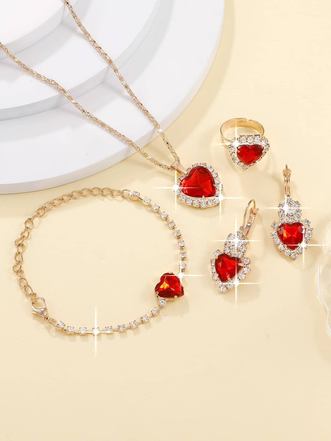 Rhinestone Heart Pendant Necklace & Drop Earrings & Ring & Bracelet