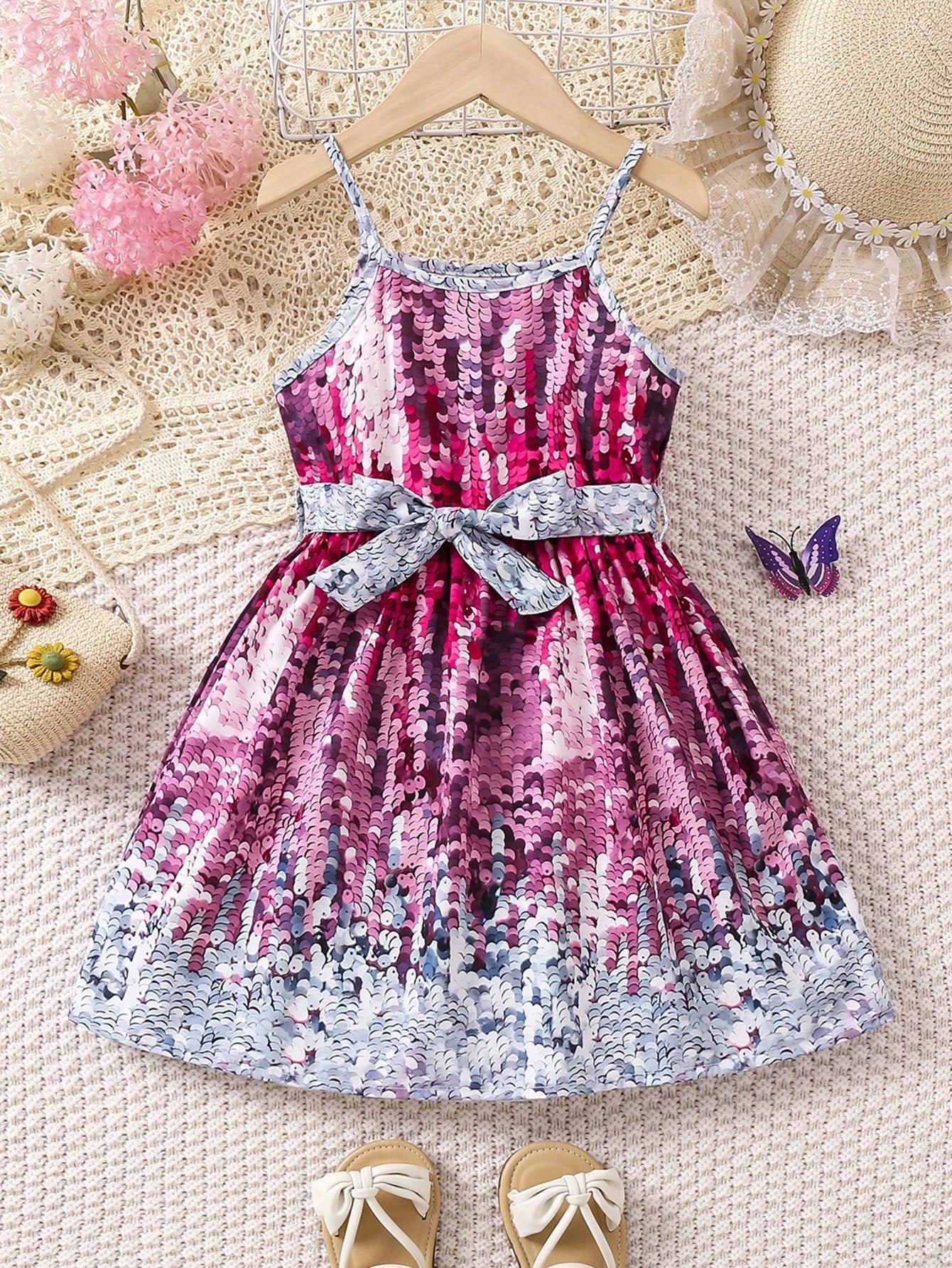 SHEIN Kids SUNSHNE Girls' Glitter Effect Printed Simple and Fashionable Spaghetti Strap Dress