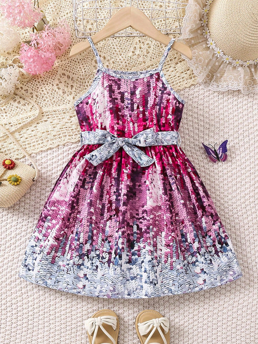 SHEIN Kids SUNSHNE Girls' Glitter Effect Printed Simple and Fashionable Spaghetti Strap Dress