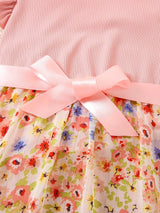 SHEIN Kids Qtfun Little Girls' Floral Print Flying Sleeve Dress with Belt, Summer