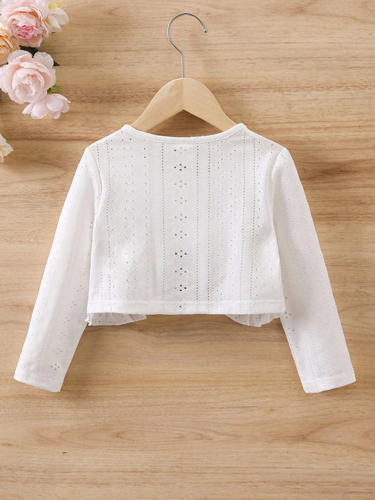 SHEIN Kids FANZEY Young Girl Ruffle Trim Eyelet Embroidery Crop Jacket