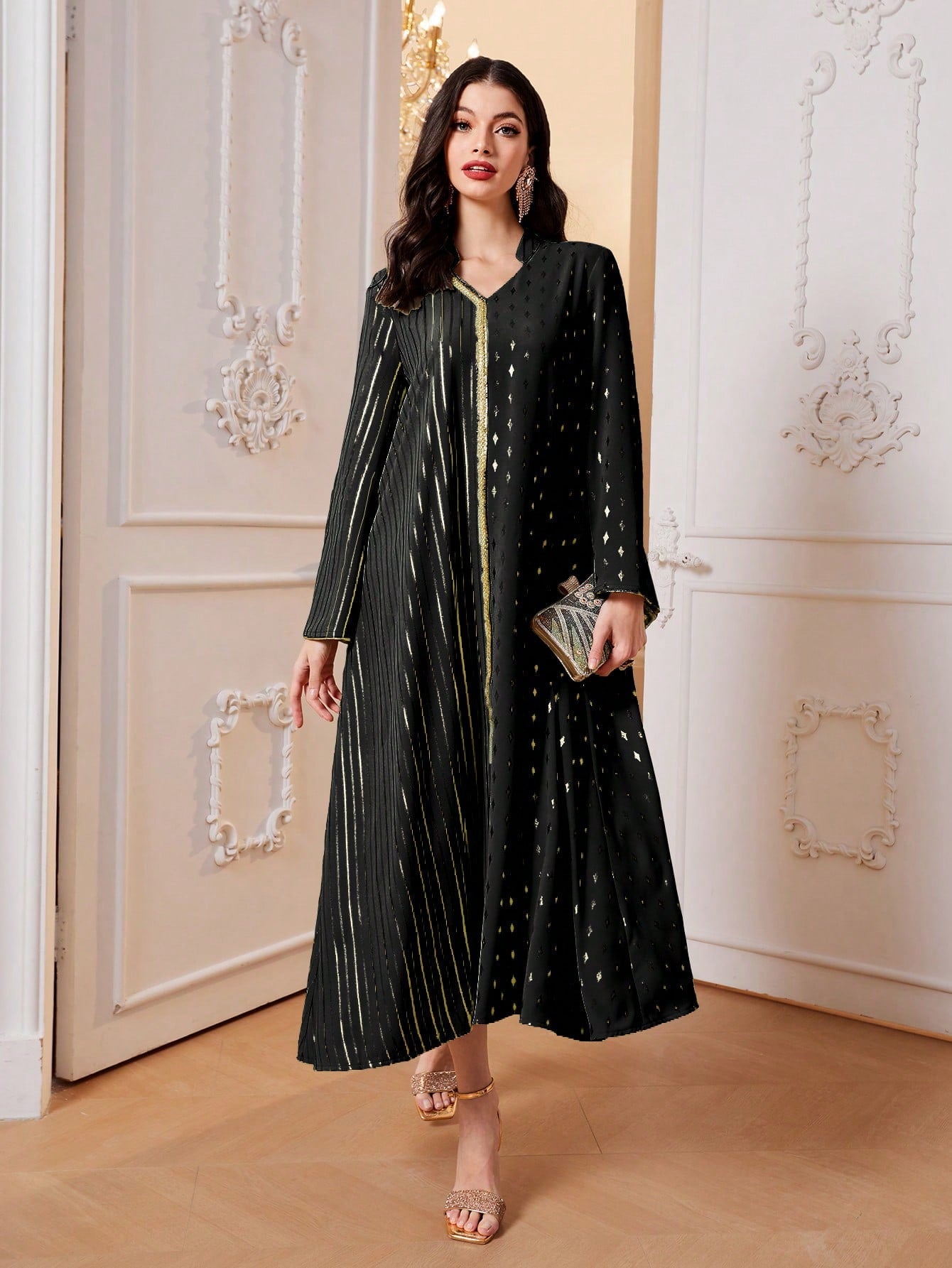 SHEIN Najma Striped & Geo Print Contrast Trim Dress