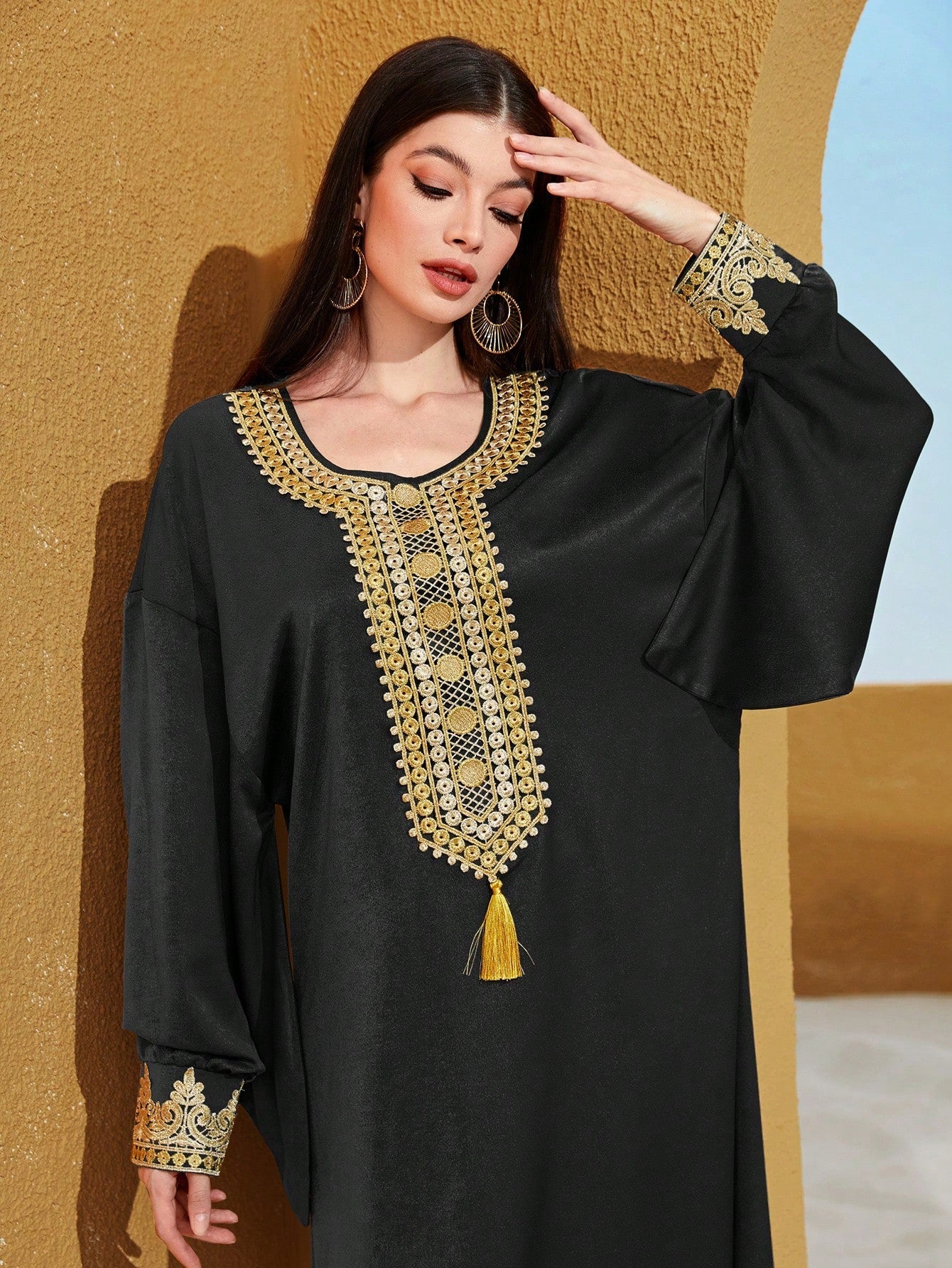 SHEIN Najma Embroidered Patchwork Tassel Decorated Lantern Sleeve Kaftan Dress