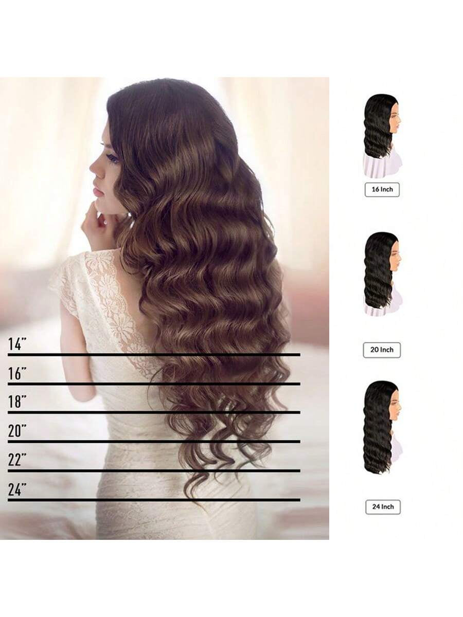 Synthetic Fiber Big Wavy V Shaped Hair Extensions for White People, Invisible Four Clip Hairpiece, 16/20/24 Inch Available in Black and Brown