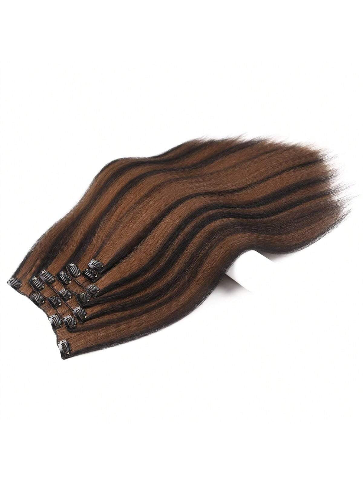 7 Pieces Kinky Straight Clip in Hair Extensions Brown Blend Hair Extensions Clip Ins for Women Synthetic Yaki Straight Clip in Hair Extensions