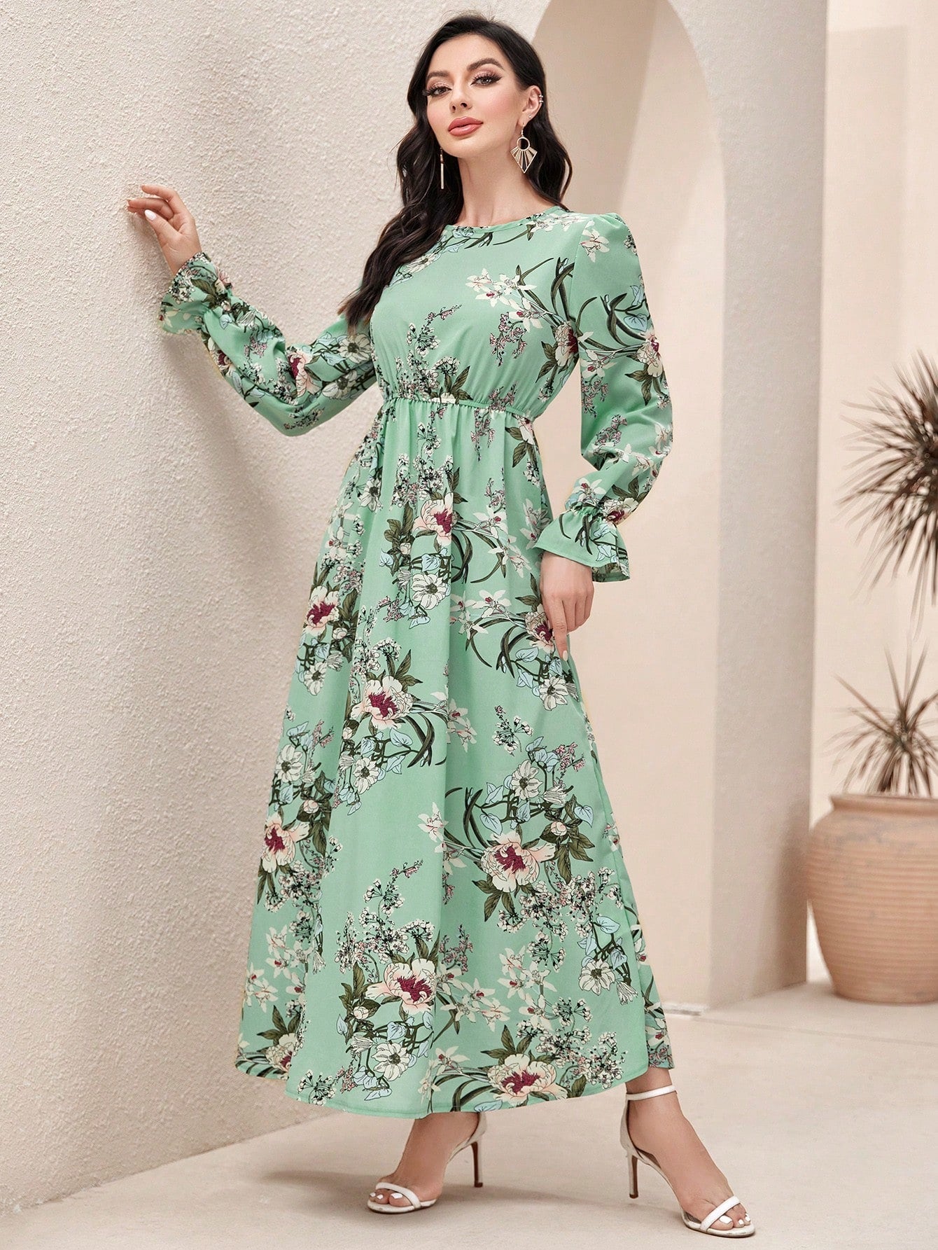 SHEIN Mulvari Floral Print Flounce Sleeve A-Line Dress