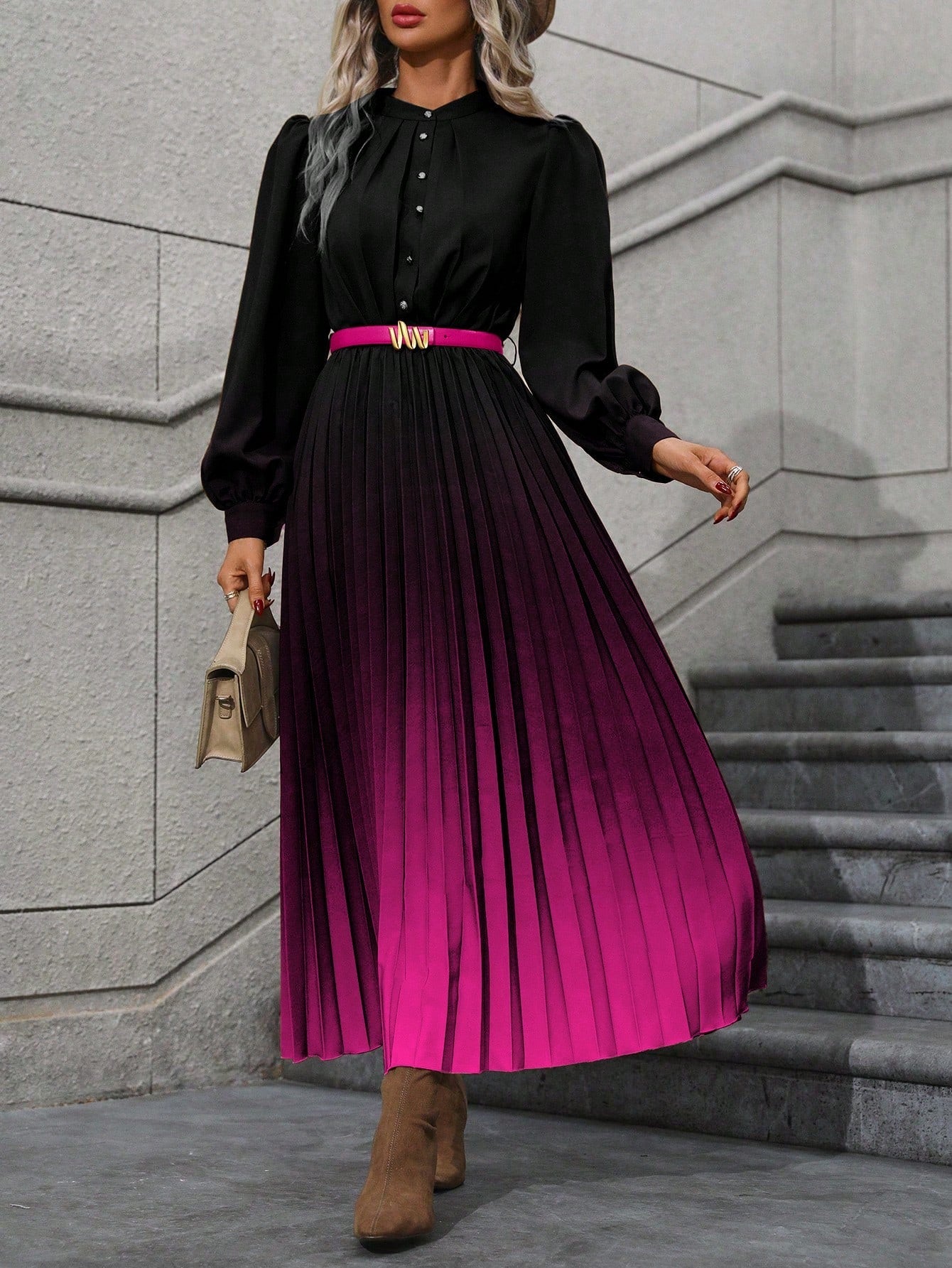 Ombre Bishop Sleeve Pleated Hem Dress without Belt