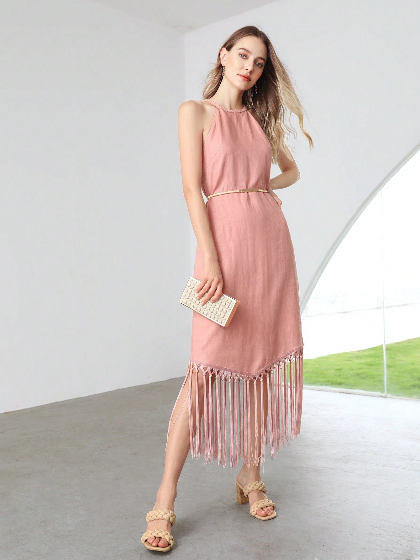 MOTF X Nour PREMIUM PURE LINEN FRINGE HALTER DRESS without BELT