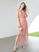 MOTF X Nour PREMIUM PURE LINEN FRINGE HALTER DRESS without BELT