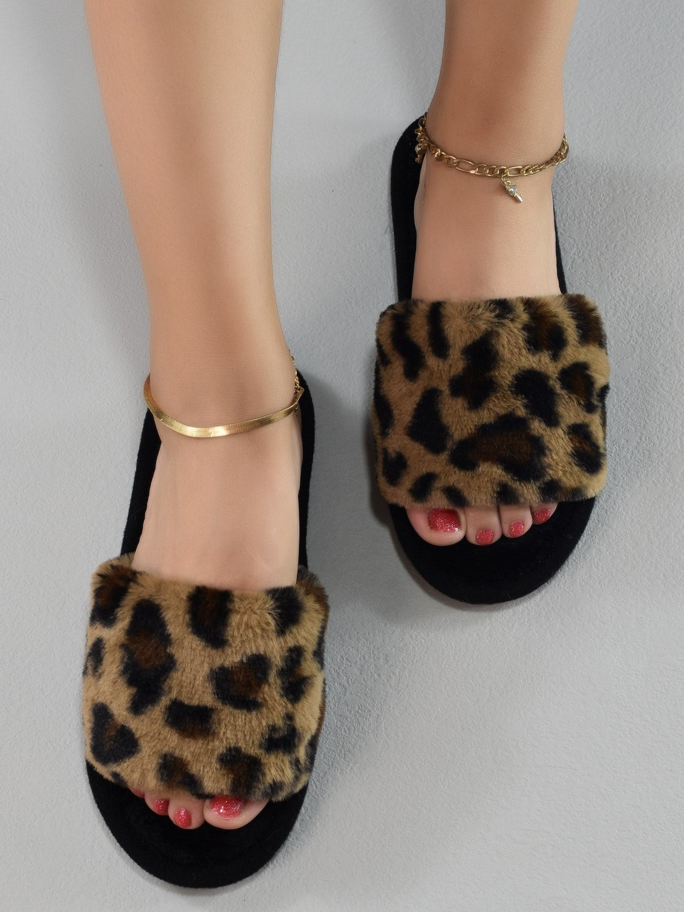 Women Leopard Pattern Fuzzy Bedroom Slippers, Fashionable Open Toe Home Slippers