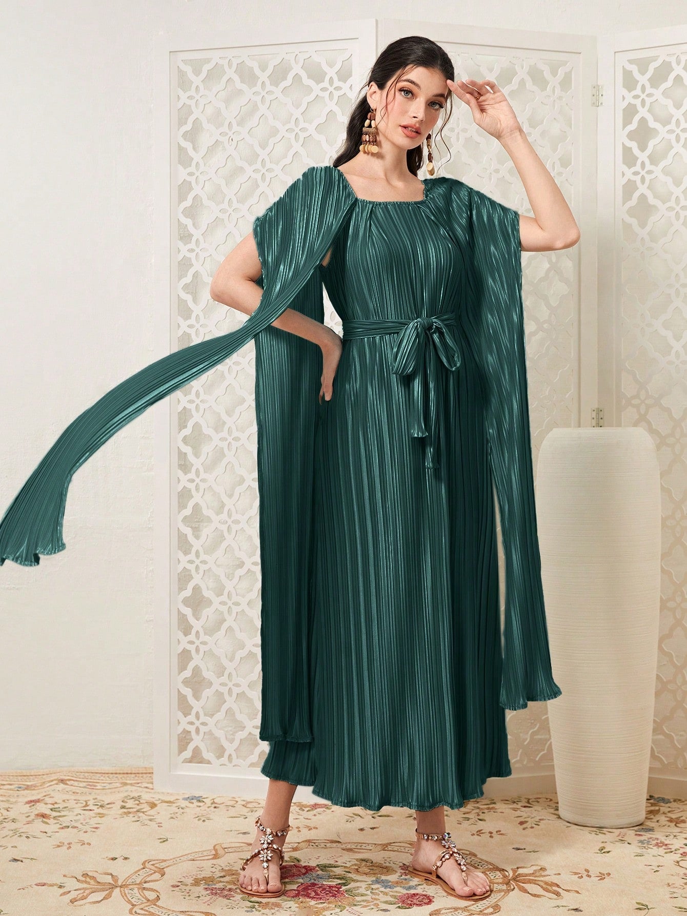 SHEIN Mulvari Solid Square Neck Belted Dress