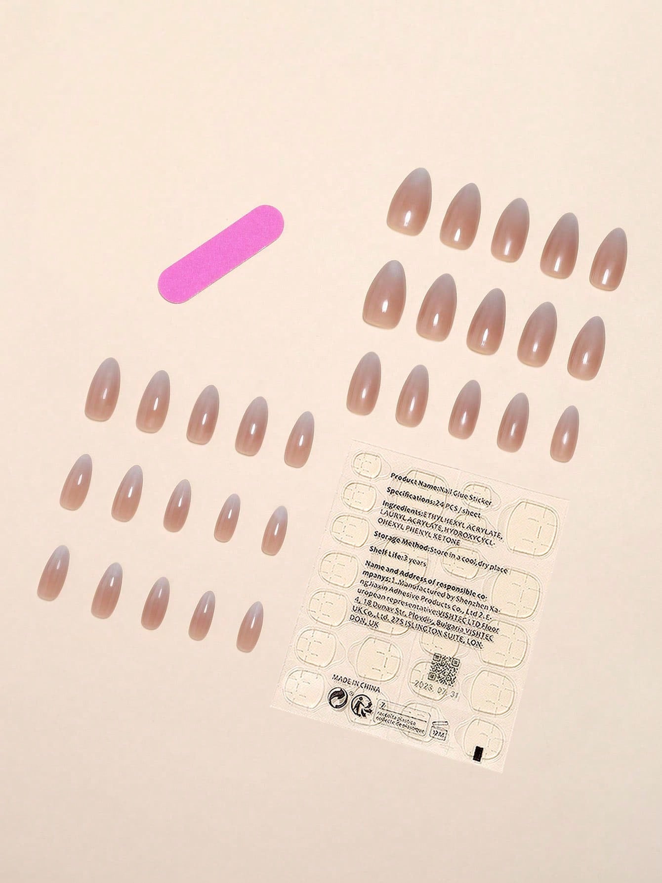 30Pcs/Set Long Pointed Bare & Milk White Gradient False Nail Tips with 1Pc Nail Buffing Bar and 1Pc Jelly Gel