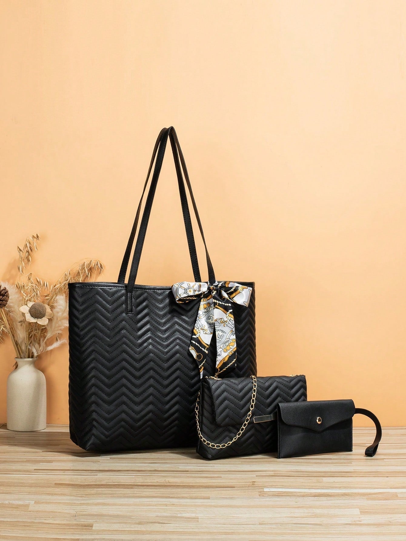 3Pcs Bag Set Shoulder Tote Crossbody Bag Purse Wallet PU Chevron Twilly Scarf Decor Fashionable, Best Work Bag for Women
