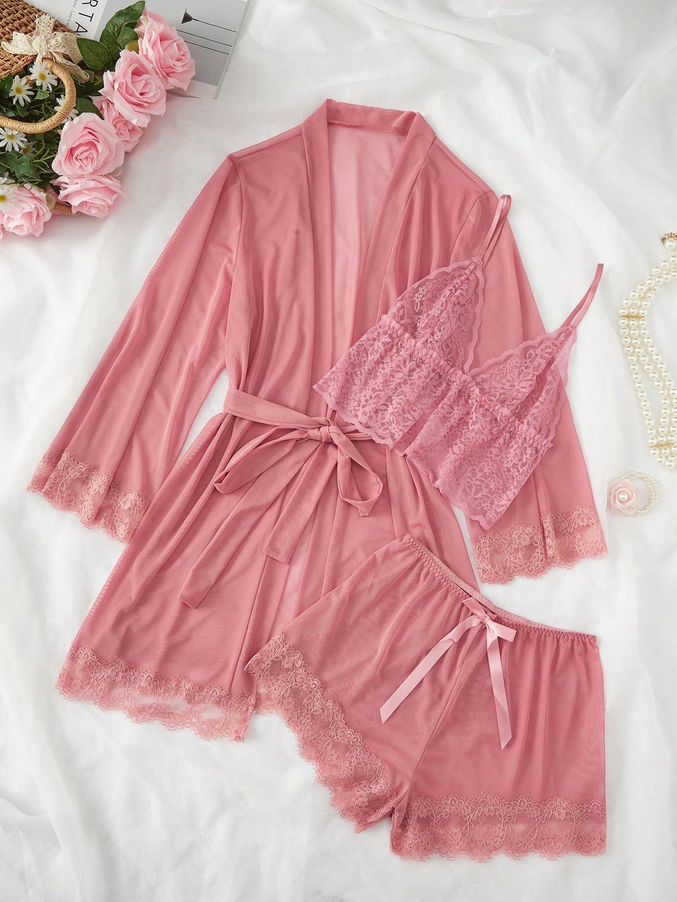 Contrast Lace Cami Top & Shorts & Robe PJ Set