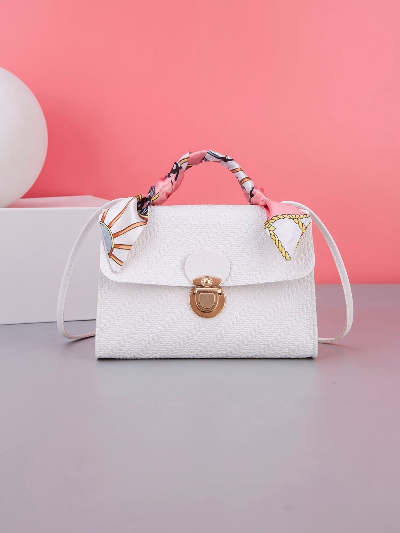 Woven Patterned Handheld Square Bag with Twilly Scarf