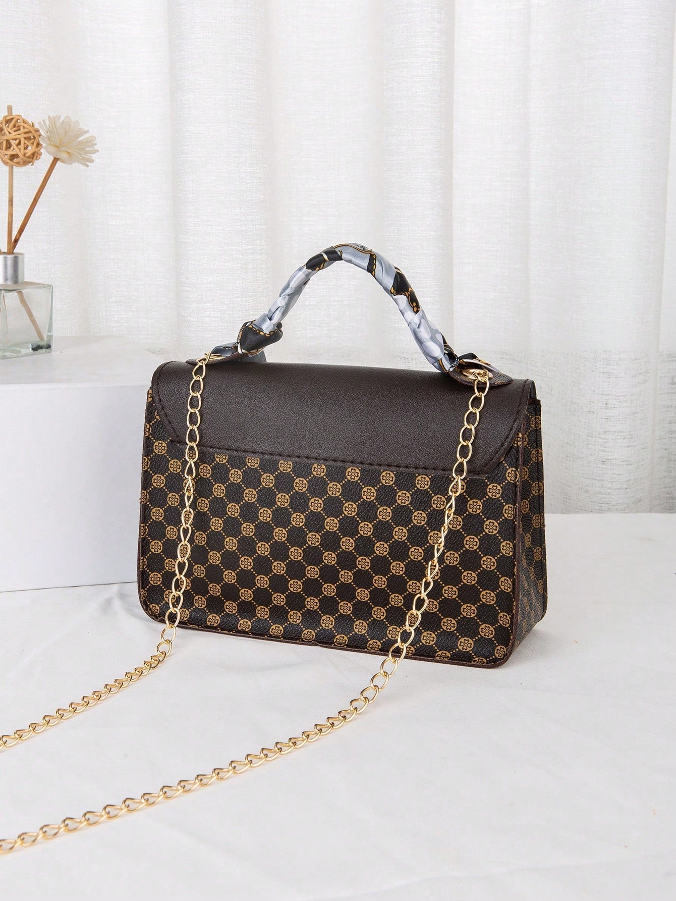 Vintage Retro New Fashion Polka Dots Shoulder Bag with Chain Strap, Scarf & Square Shaped Purse