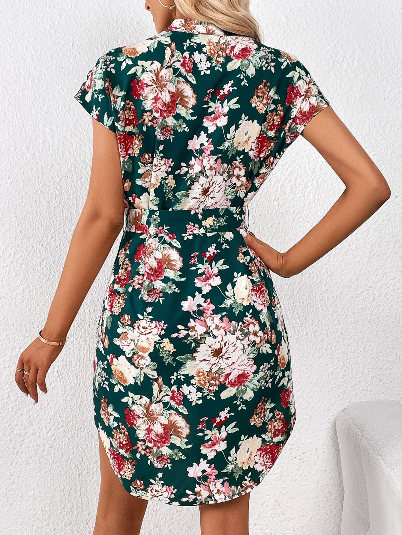 SHEIN Clasi Floral Print Notched Neck Belted Dress