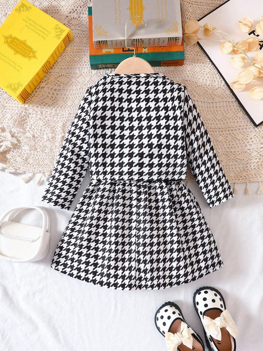 SHEIN Kids FANZEY Toddler Girls Houndstooth Print Bow Front Dress & Open Front Jacket