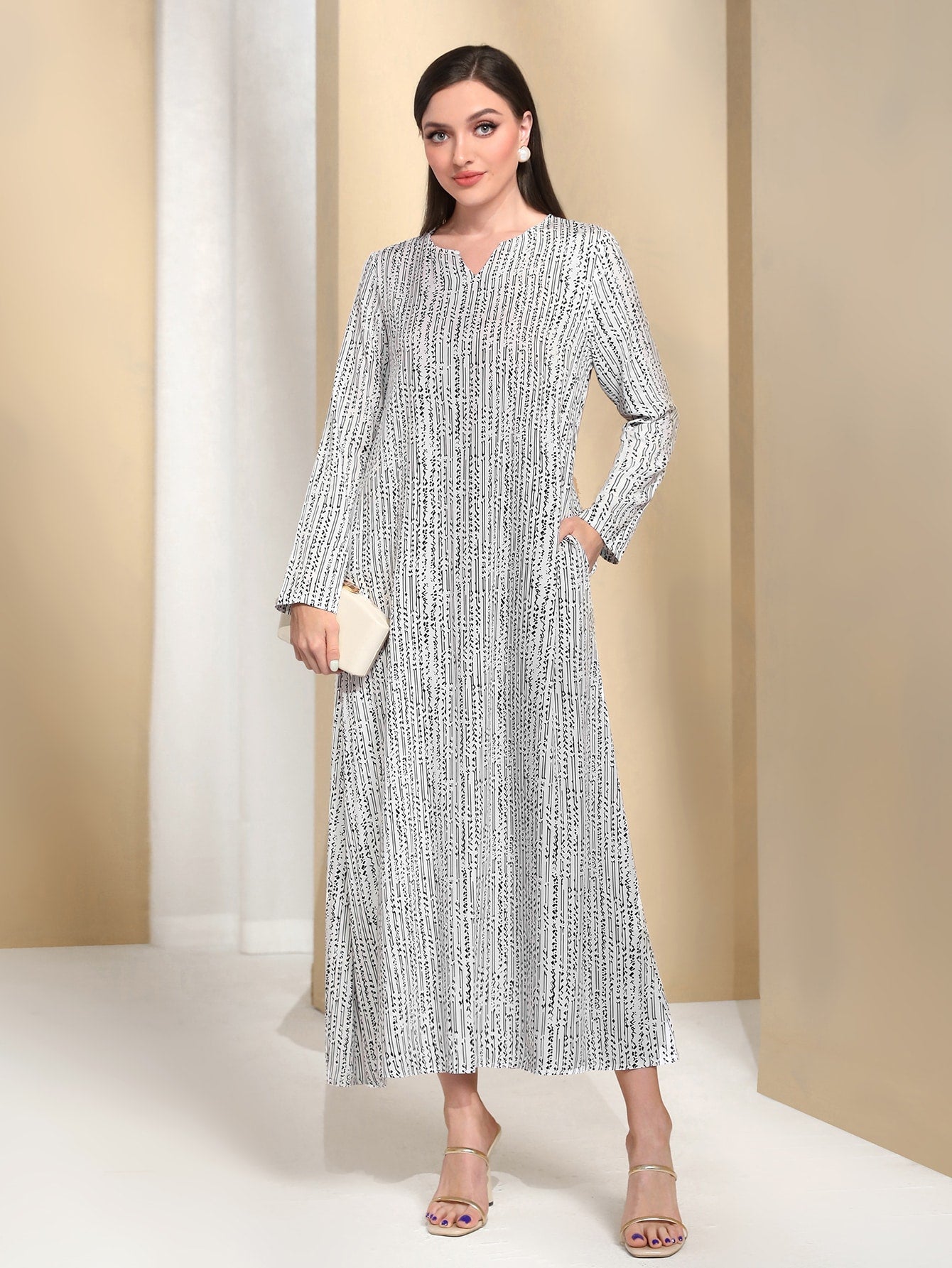 SHEIN Najma Striped Notched Neckline Hidden Pocket Dress
