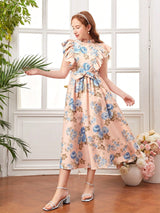 SHEIN Teen Girls' Floral Print Ruffle Hem Vacation Dress