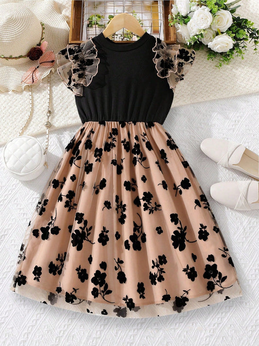 SHEIN Kids EVRYDAY Tween Girl Floral Print Contrast Mesh Ruffle Trim Dress