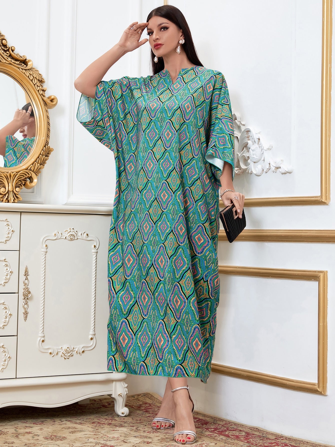 SHEIN Najma Damask Print Notched Neck Dolman Sleeve Kaftan