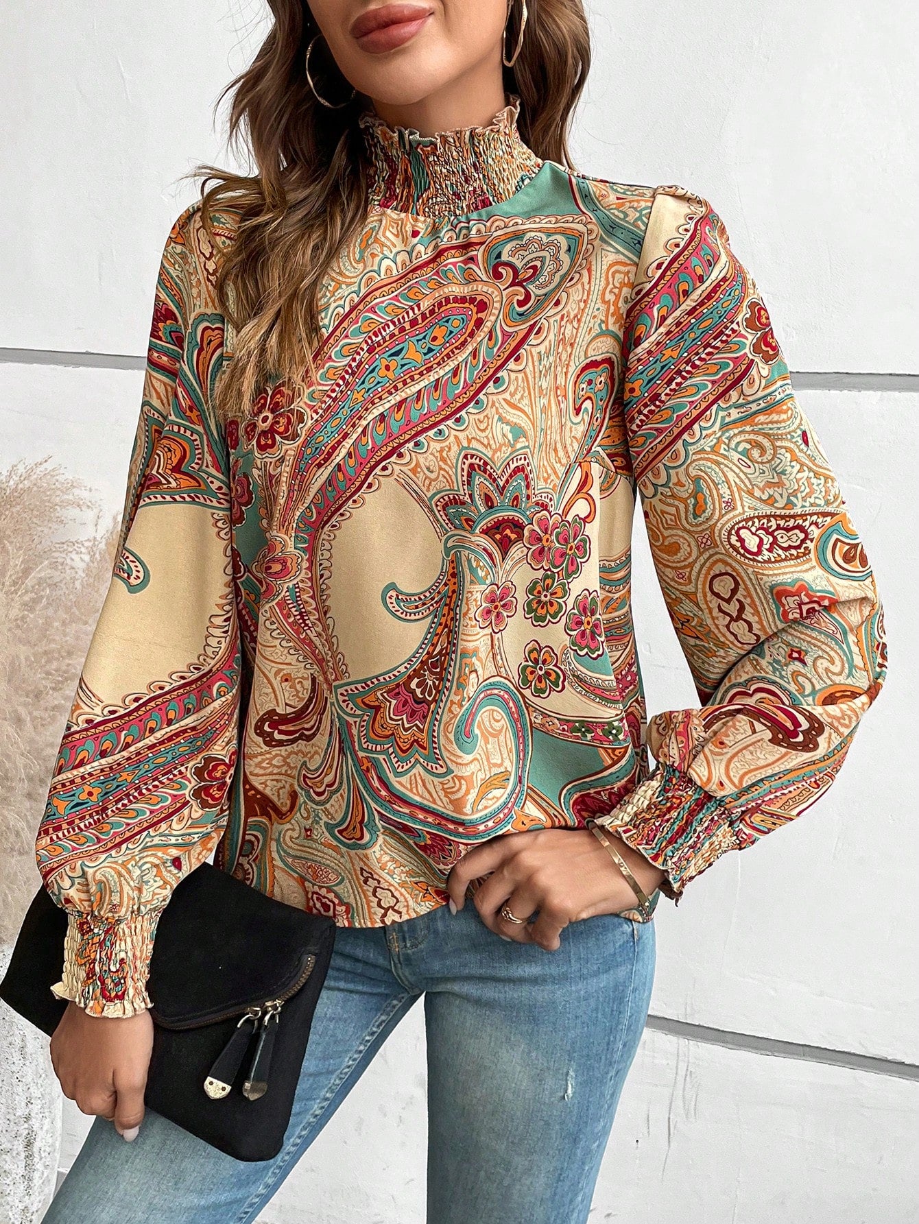 SHEIN LUNE Paisley Print Mock Neck Lantern Sleeve Blouse